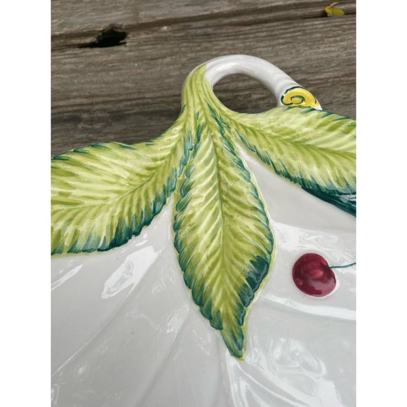Vintage Italy Ceramic Serving Plate Leaf Shape & Cherries - Picture 8 of 12